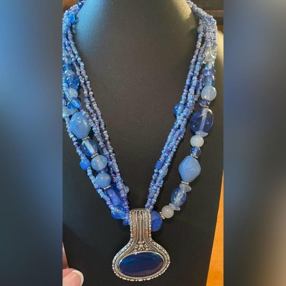 Blue Glass Beaded Multi Strand Necklace Teardrop Pendant Statement Jewelry 16”